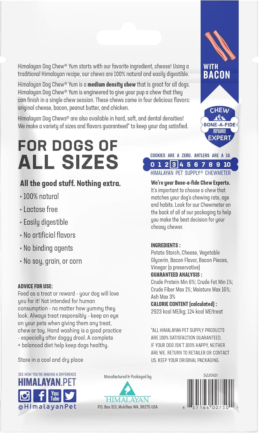 Yak Cheese Dog Chews, Lactose Free & Grain Free, USA Made, for All Dog Breeds, Medium Density Cheese Chew, Resealable Pouch with 3 YUM Treats, Bacon Flavor