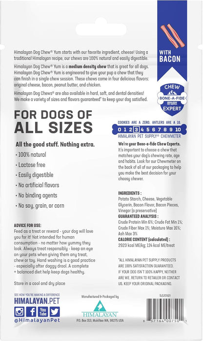 Yak Cheese Dog Chews, Lactose Free & Grain Free, USA Made, for All Dog Breeds, Medium Density Cheese Chew, Resealable Pouch with 3 YUM Treats, Bacon Flavor