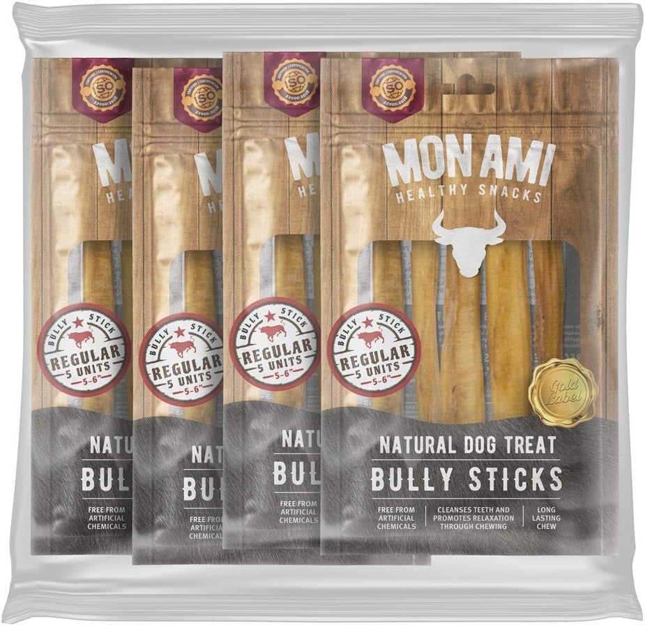 Mon Ami Regular Bully Sticks for Large and Small Dogs (5-6 Inches, 20 Count - Pack of 1) - Grass Fed Dog Treats - Bully Sticks Natural Dog Treat