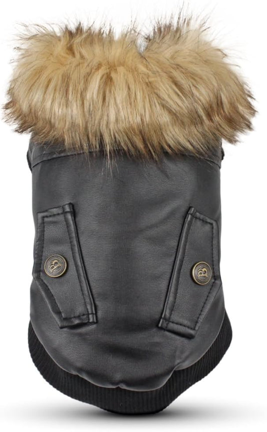 Dog Leather Jacket for Small Dogs, Small Dog Jacket Dog Coat Double Layer with Warm Fleece Lined for Small Dogs Puppy Cat, Black Small