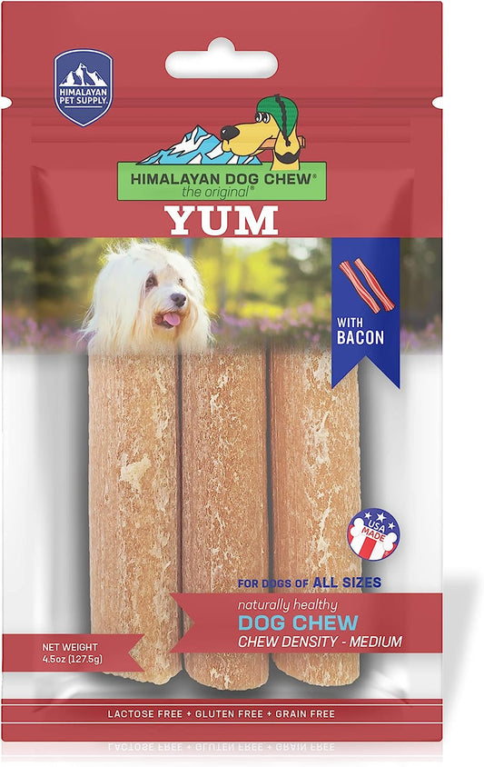 Yak Cheese Dog Chews, Lactose Free & Grain Free, USA Made, for All Dog Breeds, Medium Density Cheese Chew, Resealable Pouch with 3 YUM Treats, Bacon Flavor
