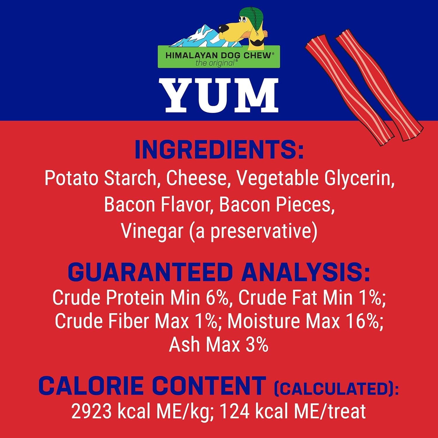 Yak Cheese Dog Chews, Lactose Free & Grain Free, USA Made, for All Dog Breeds, Medium Density Cheese Chew, Resealable Pouch with 3 YUM Treats, Bacon Flavor