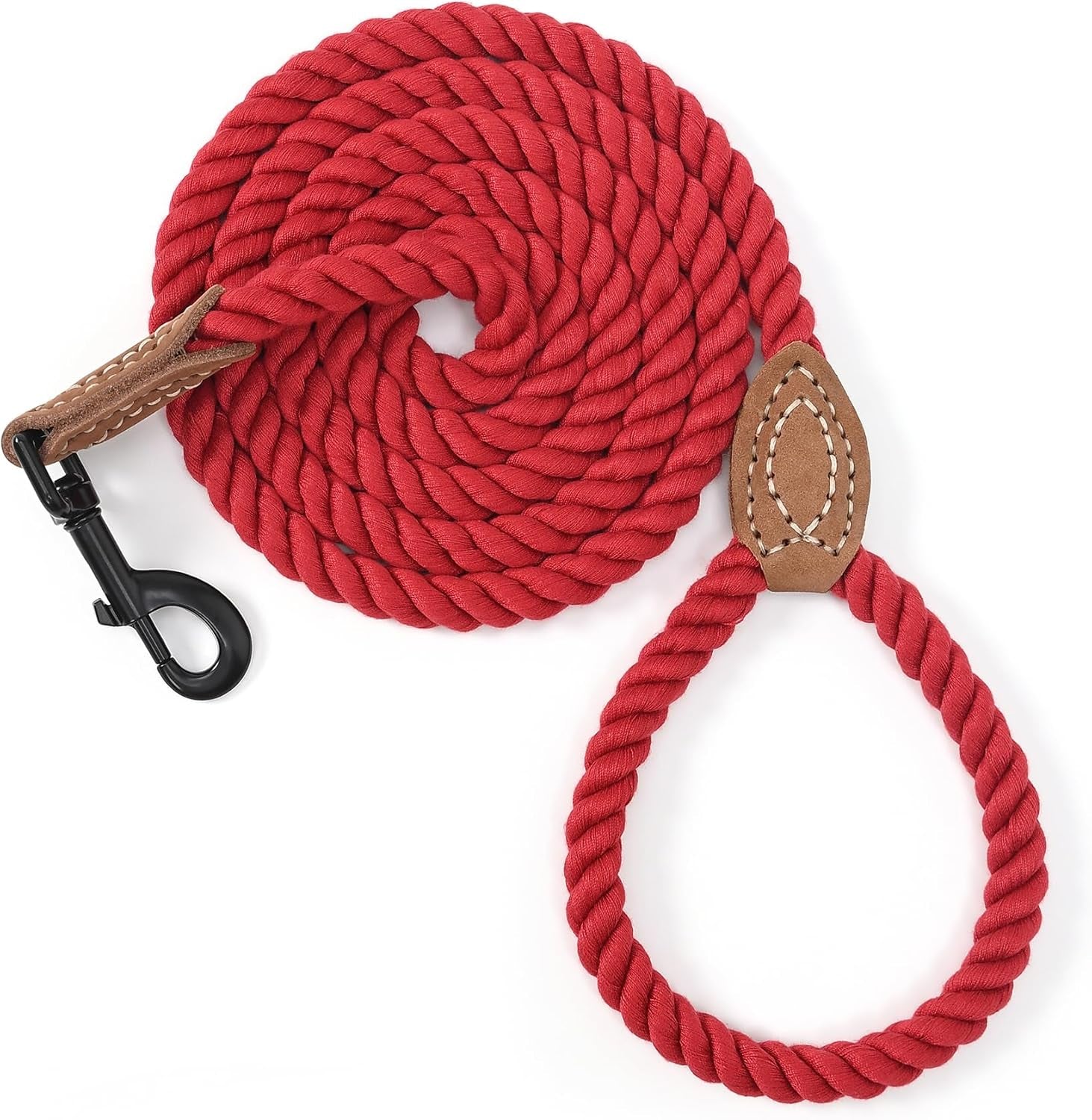 Dog Leash, Braided Cotton Rope Leashes with Leather Tailor Tip with Leather Tip - Heavy Duty Metal Clasp, 5FT, 1/2
