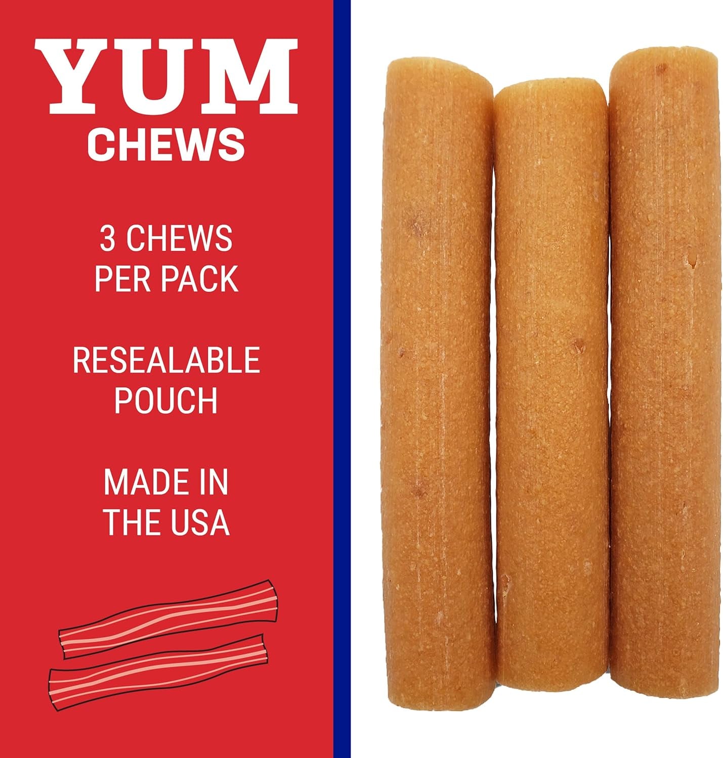 Yak Cheese Dog Chews, Lactose Free & Grain Free, USA Made, for All Dog Breeds, Medium Density Cheese Chew, Resealable Pouch with 3 YUM Treats, Bacon Flavor