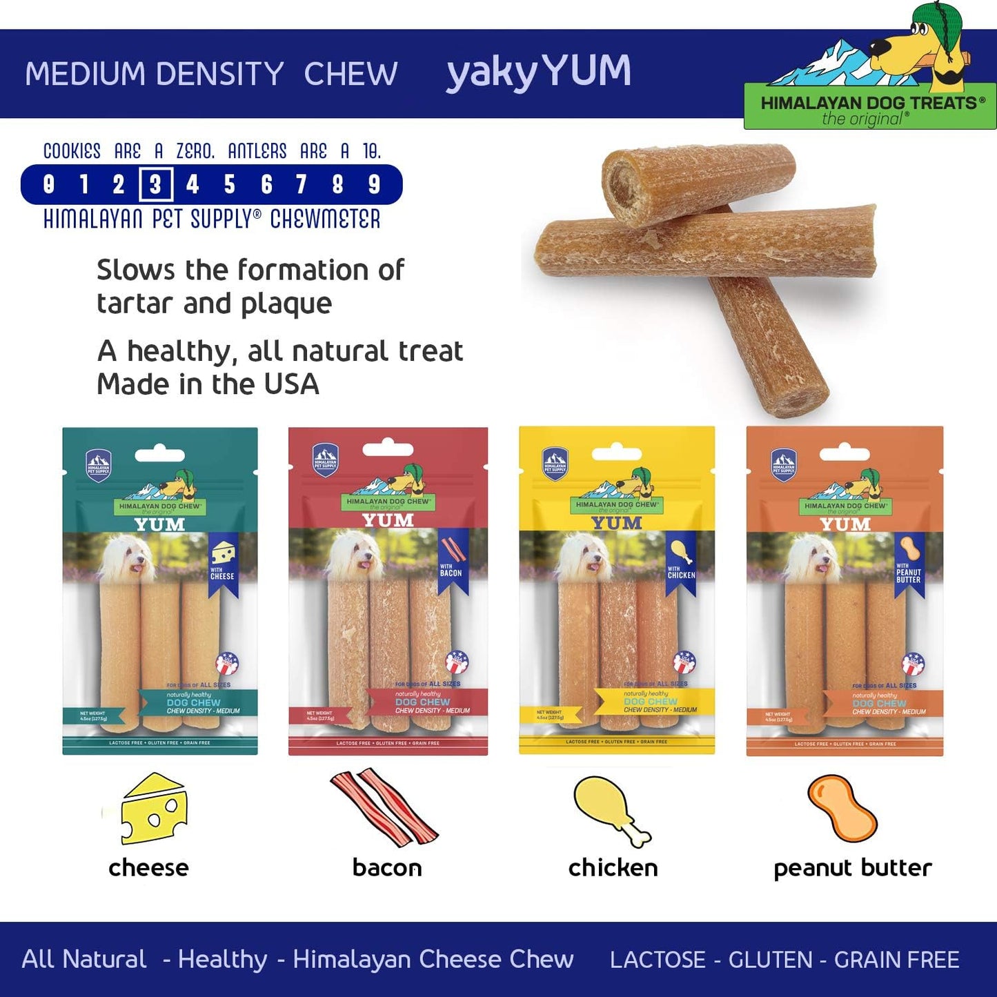 Yak Cheese Dog Chews, Lactose Free & Grain Free, USA Made, for All Dog Breeds, Medium Density Cheese Chew, Resealable Pouch with 3 YUM Treats, Bacon Flavor