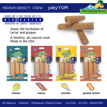 Yak Cheese Dog Chews, Lactose Free & Grain Free, USA Made, for All Dog Breeds, Medium Density Cheese Chew, Resealable Pouch with 3 YUM Treats, Bacon Flavor