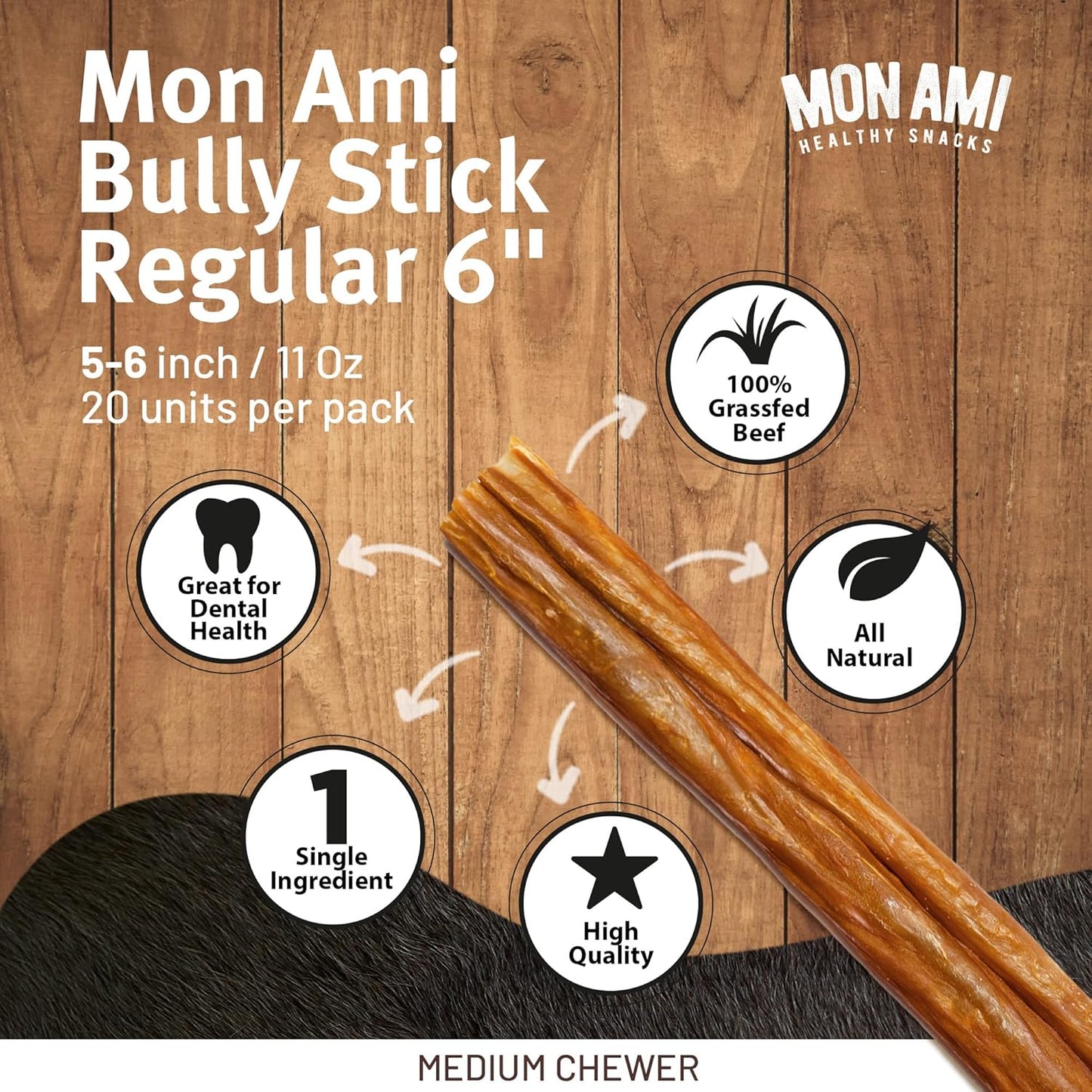 Mon Ami Regular Bully Sticks for Large and Small Dogs (5-6 Inches, 20 Count - Pack of 1) - Grass Fed Dog Treats - Bully Sticks Natural Dog Treat