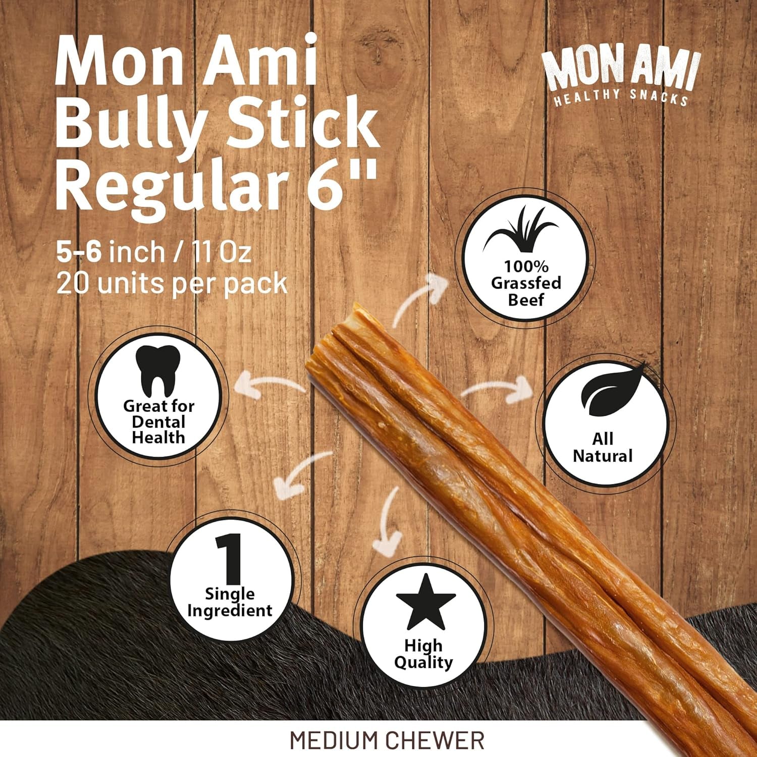 Mon Ami Regular Bully Sticks for Large and Small Dogs (5-6 Inches, 20 Count - Pack of 1) - Grass Fed Dog Treats - Bully Sticks Natural Dog Treat