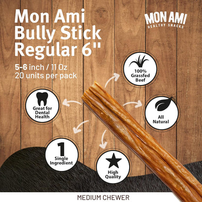 Mon Ami Regular Bully Sticks for Large and Small Dogs (5-6 Inches, 20 Count - Pack of 1) - Grass Fed Dog Treats - Bully Sticks Natural Dog Treat