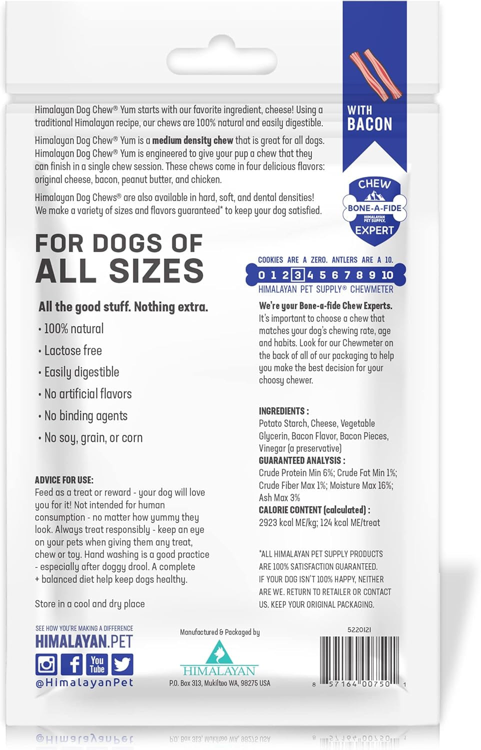 Yak Cheese Dog Chews, Lactose Free & Grain Free, USA Made, for All Dog Breeds, Medium Density Cheese Chew, Resealable Pouch with 3 YUM Treats, Bacon Flavor