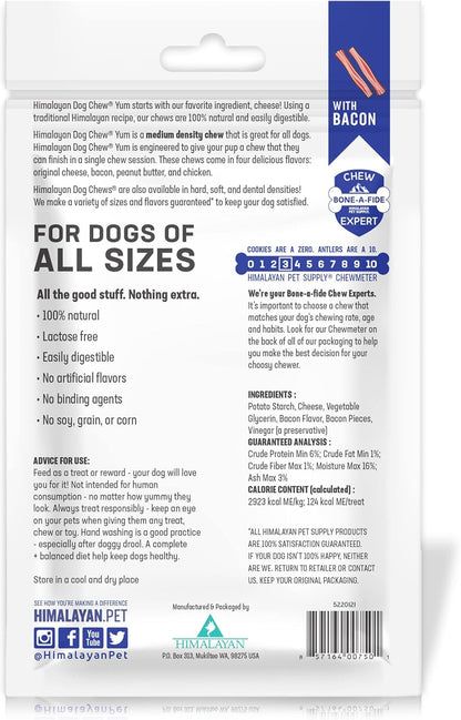 Yak Cheese Dog Chews, Lactose Free & Grain Free, USA Made, for All Dog Breeds, Medium Density Cheese Chew, Resealable Pouch with 3 YUM Treats, Bacon Flavor